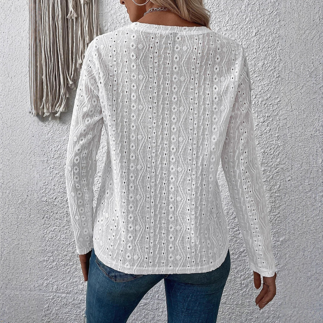 Damen Spitzenbluse mit Lochstickerei, langer Arm und Rundhalsausschnitt Shop Nory