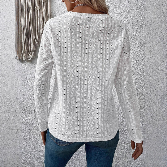 Damen Spitzenbluse mit Lochstickerei, langer Arm und Rundhalsausschnitt Shop Nory