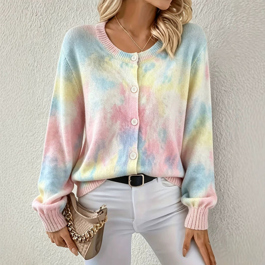 Damen Leichter Jacquard‑Strickcardigan mit Leo‑Print, Rundhalsausschnitt und Knopfleiste Shop Nory