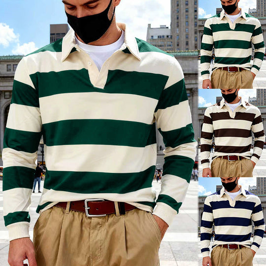 Herren nan gestreiftes Rugby-Poloshirt aus Baumwollmischung mit kurzer Knopfleiste und Rippbündchen