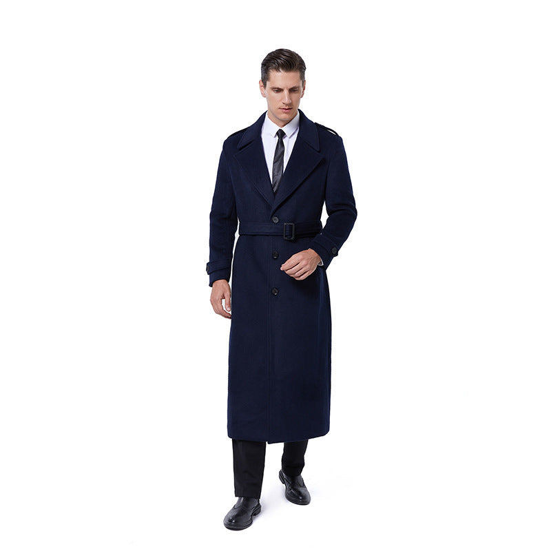 Herren Einreihiger maxilanger Wollmantel mit Bindegürtel und Schulterklappen Shop Nory