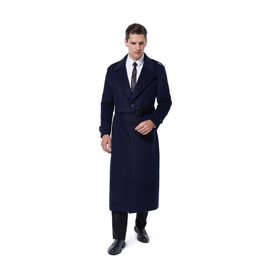 Herren Einreihiger maxilanger Wollmantel mit Bindegürtel und Schulterklappen Shop Nory