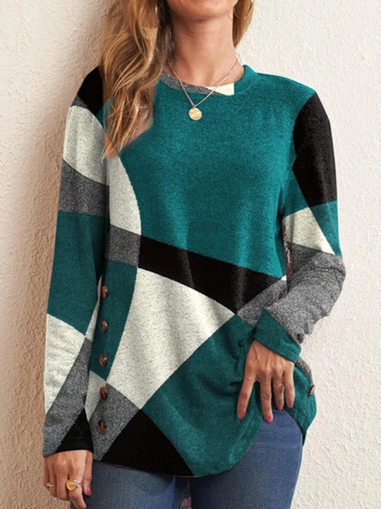 Damen Geometrischer Übergroßer Strickpullover mit Knopfdetails an der Seite Shop Nory