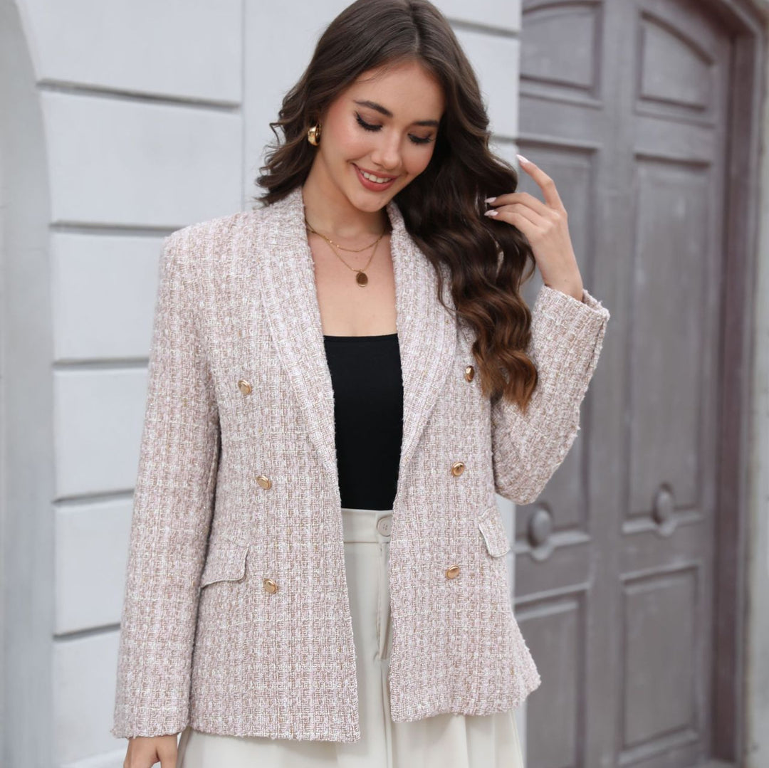 Damen Doppelreihiger Bouclé-Blazer mit Schalkragen, taillierter Silhouette und Zierknöpfen Shop Nory