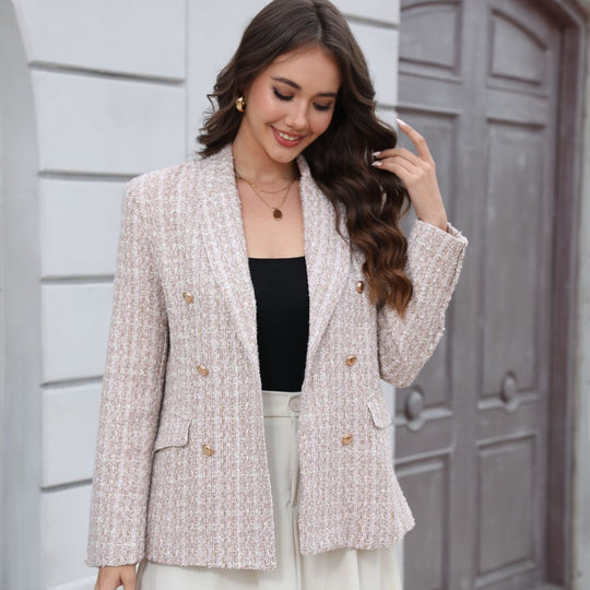 Damen Doppelreihiger Bouclé-Blazer mit Schalkragen, taillierter Silhouette und Zierknöpfen Shop Nory