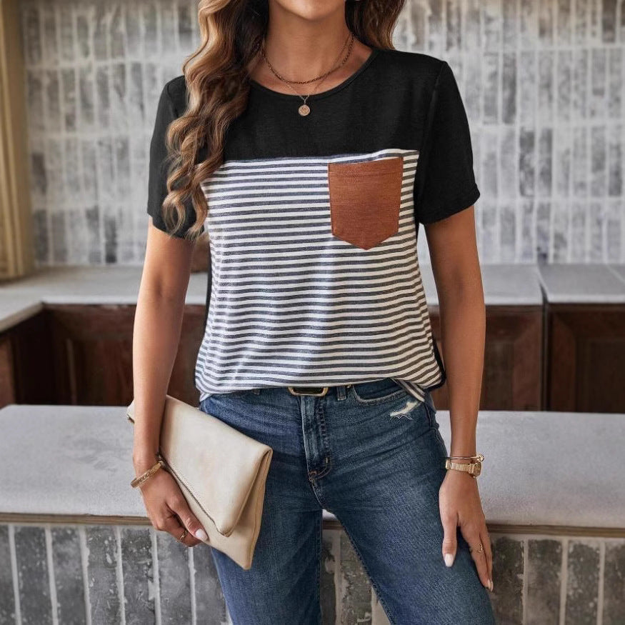 Damen Trendiges T-Shirt mit gestreiftem Design und Leder-Tasche