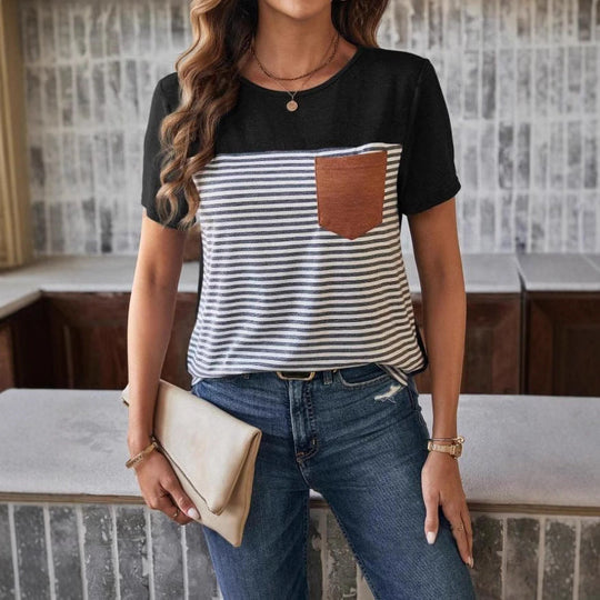 Damen Trendiges T-Shirt mit gestreiftem Design und Leder-Tasche