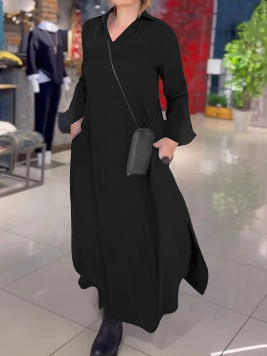 Damen Kragenblusenkleid mit V-Ausschnitt, Eingrifftaschen und seitlichen Schlitzen Shop Nory