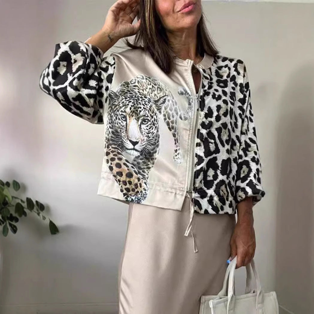 Damen entspannte Bomberjacke mit extravagantem Leoparden-Motiv