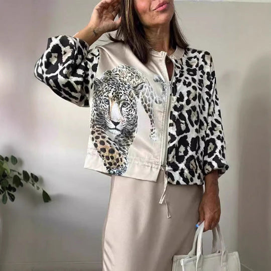 Damen entspannte Bomberjacke mit extravagantem Leoparden-Motiv
