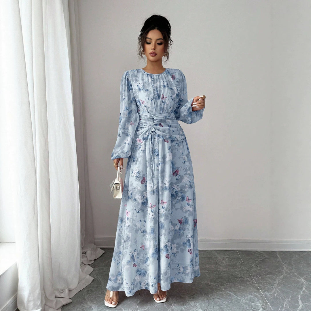 Damen Maxikleid mit floralem Schmetterlingsprint, geraffter Taillenpartie und langen Ballonärmeln Shop Nory