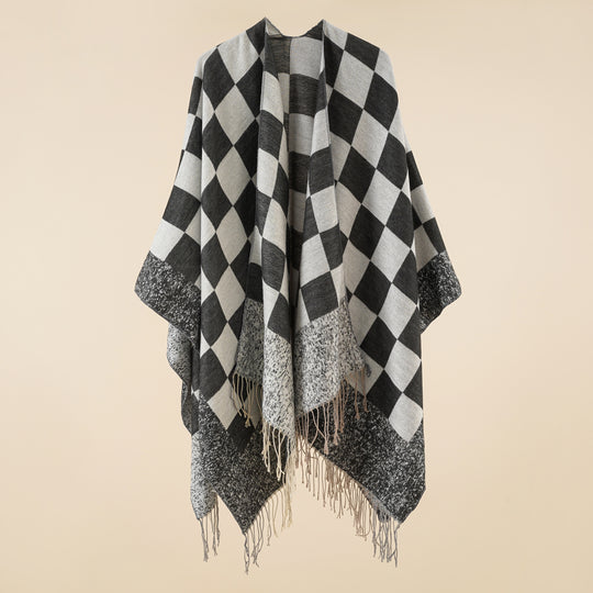 Damen Oversized gewebter Poncho mit Rautenmuster und Fransen Shop Nory