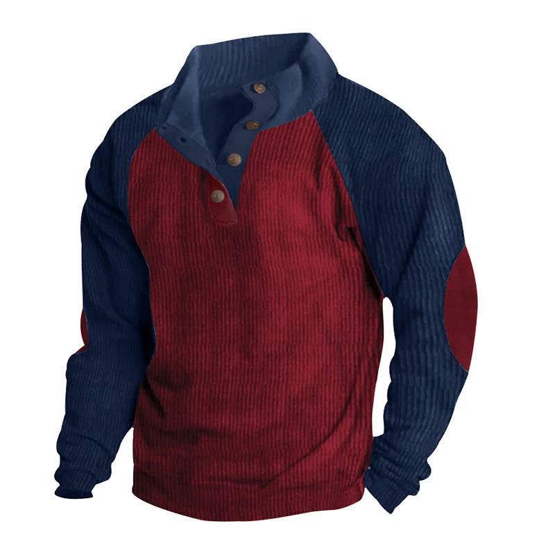 Herren Strukturiertes Raglan-Henley-Pullover mit Stehkragen, Ellenbogenpatches & Knopfleiste Shop Nory