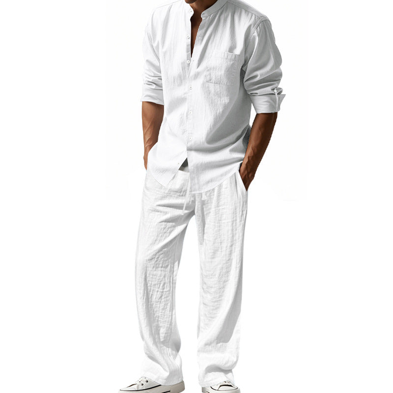 Herren nan legeres Leinen-Relax-Set mit Stehkragen-Hemd und weitem Kordelbund-Hose Shop Nory