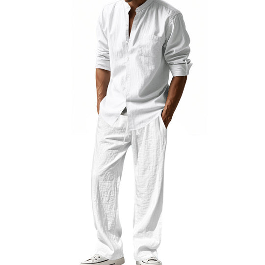 Herren nan legeres Leinen-Relax-Set mit Stehkragen-Hemd und weitem Kordelbund-Hose Shop Nory