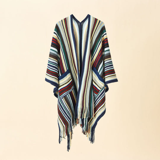Damen Gestreifter Strickponcho mit Fransen und Eingrifftaschen Shop Nory