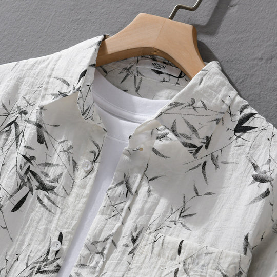 Herren Atmungsaktives Leinen-Baumwoll Hemd mit botanischem Tuschprint und Kentkragen Shop Nory