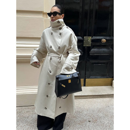 Damen Langer Oversized Trenchcoat mit hohem Stehkragen, Glockenärmeln und Bindegürtel Shop Nory