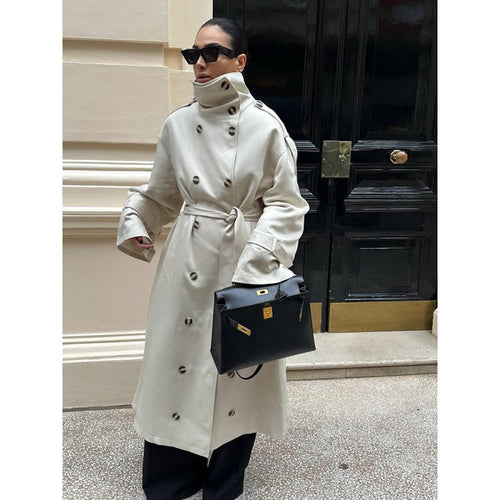 Damen Langer Oversized Trenchcoat mit hohem Stehkragen, Glockenärmeln und Bindegürtel Shop Nory