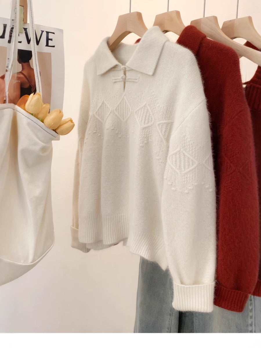 Damen Polokragen-Pullover im Mohair‑Look mit Ajour‑Zopfmuster, überschnittener Schulter und weiter Silhouette Shop Nory