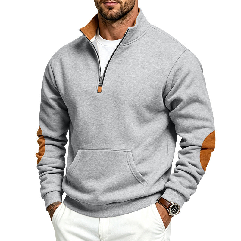 Herren Sweatshirt mit halbem Reißverschluss, Stehkragen und Ellenbogen-Patches Shop Nory