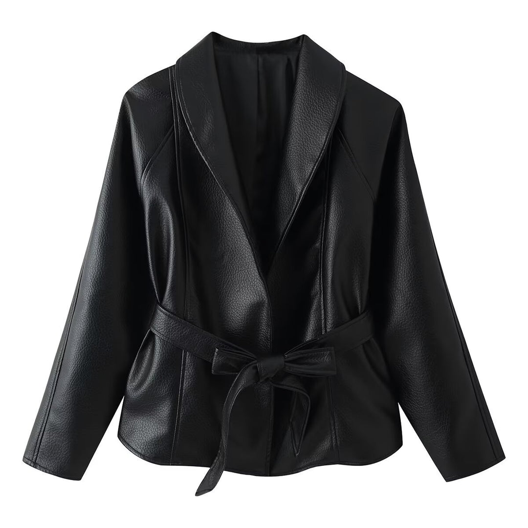 Damen Taillierter Bindegürtel-Lederblazer mit Schalkragen Shop Nory