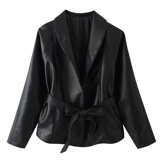 Damen Taillierter Bindegürtel-Lederblazer mit Schalkragen Shop Nory
