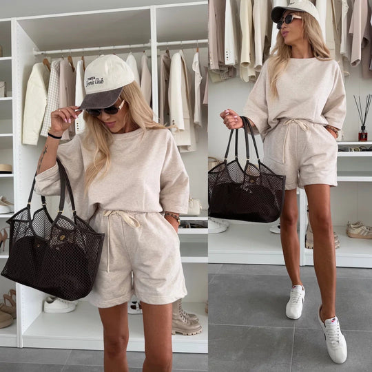 Damen lässiges Kurzarm Set aus Oversized Oberteil und Shorts Shopnory