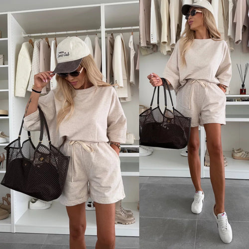Damen lässiges Kurzarm Set aus Oversized Oberteil und Shorts Shopnory