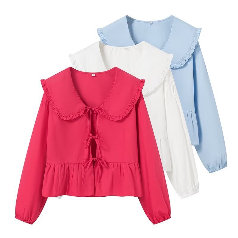 Damen Rüschige Cropped-Bluse mit übergroßem Kragen, Bindebändern und tailliertem Peplum Shop Nory