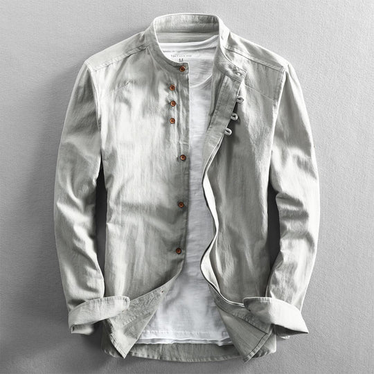 Herren Leichtes Baumwoll-Leinen Overshirt mit Stehkragen und Knopfleisten-Detail Shop Nory