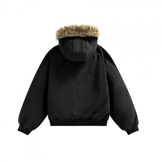 Unisex Wattierte Bomberjacke mit Kunstfellkapuze, geripptem Saum und Utility-Taschen Shop Nory