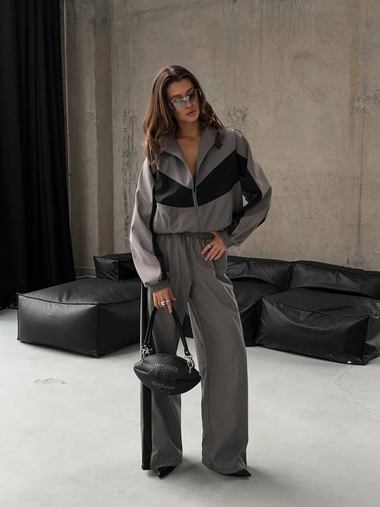Damen sportives Zweiteiler-Set aus Oversize-Trackjacke mit Reißverschluss und weitem Bundfalten-Hose Shop Nory