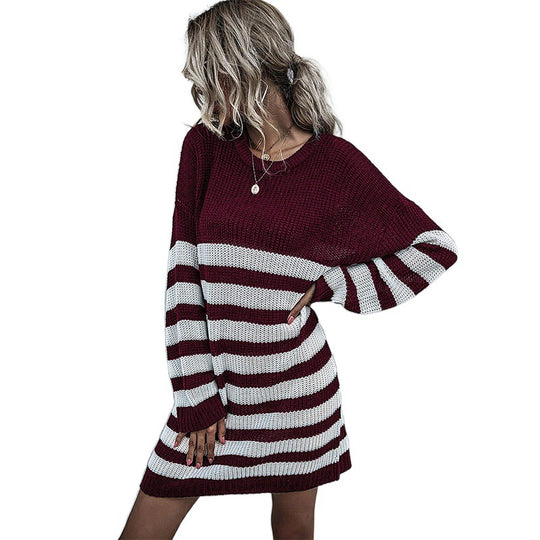 Damen Modisches Strickkleid mit gestreiftem Design Shop Nory