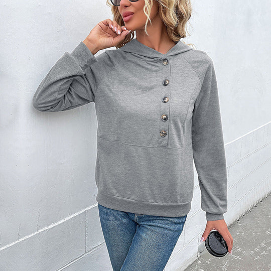Damen Kapuzenpullover mit Zierknopfleiste, Raglanärmeln und Kängurutasche Shop Nory
