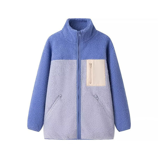 Damen Oversize Teddy-Fleecejacke mit Stehkragen, Reißverschlusstaschen und Nylon-Brusttasche Shop Nory