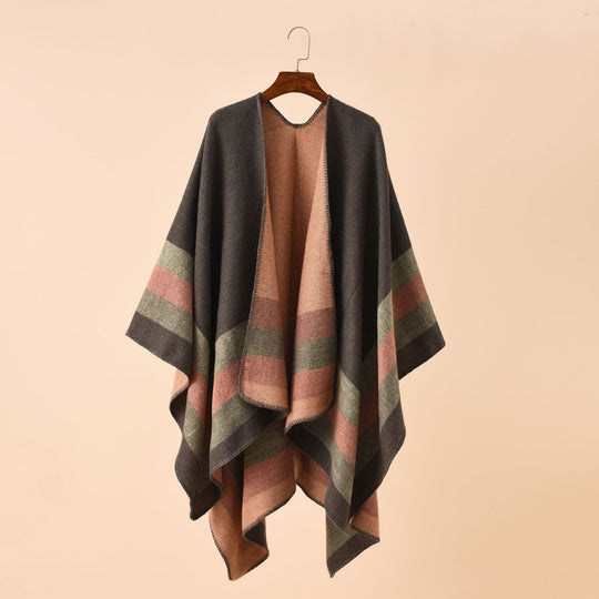 Damen Offener Strick‑Cape‑Poncho mit kontrastierenden Blockstreifen und Zierstich Shop Nory