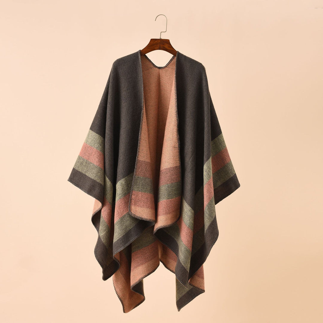 Damen Wolloptik-Poncho mit asymmetrischen Blockstreifen und Zierstichkante Shop Nory