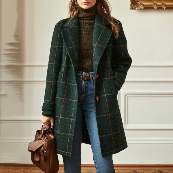 Damen nan karierter Wollmix Mantel mit Reverskragen, aufgesetzten Taschen und taillierter Silhouette Shop Nory