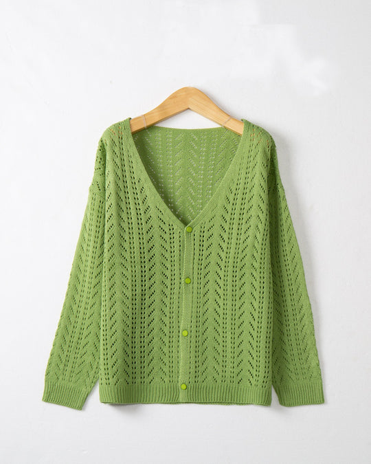 Damen Leichte Ajour-Strickjacke mit tiefem V-Ausschnitt und Knopfleiste Shop Nory