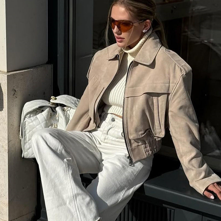 Damen Kurzblouson aus Veloursleder‑Optik mit Oversize‑Schulter und verdecktem Reißverschluss Shop Nory
