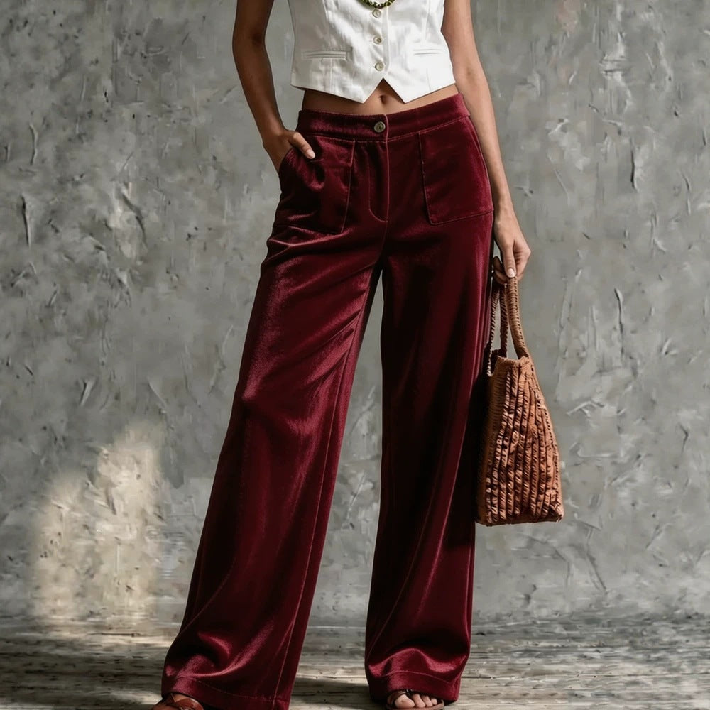 Damen Weite Samt-Palazzohose mit hoher Taille und aufgesetzten Taschen Shop Nory