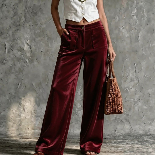 Damen Weite Samt-Palazzohose mit hoher Taille und aufgesetzten Taschen Shop Nory