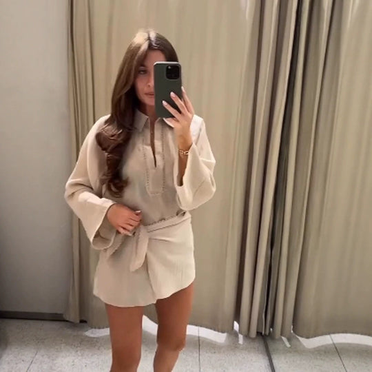 Damen Leichtes Crinkle-Zweiteiler mit Oversized-Hemd und Wickel-Minirock Shop Nory