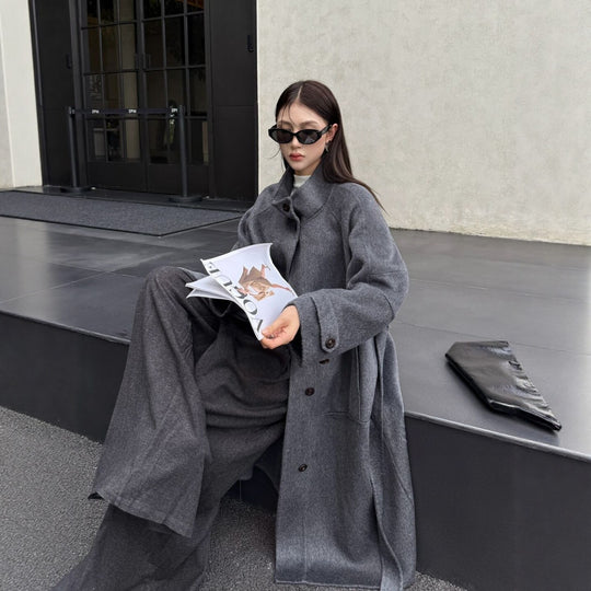 Damen Oversize Wollmantel mit Stehkragen und großen Pattentaschen Shop Nory
