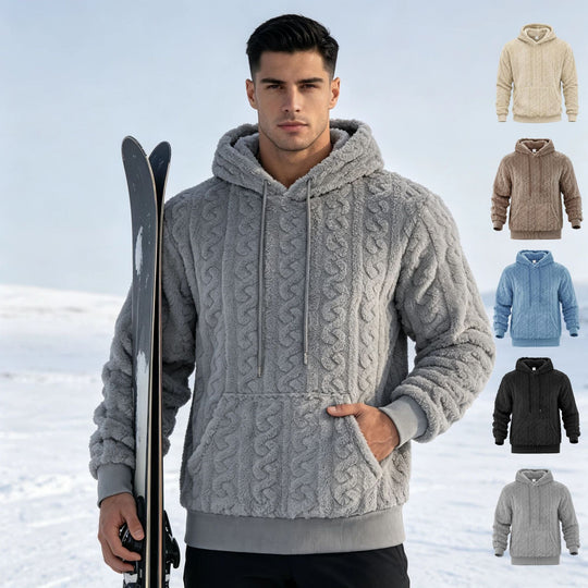 Herren Sherpa-Kapuzenpullover mit Zopfmuster, Kängurutasche und Rippbündchen Shop Nory
