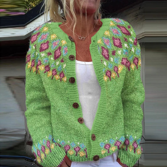 Damen nan gemusterte Strickjacke mit Rundpasse, Holzknöpfen und Eingrifftaschen Shop Nory