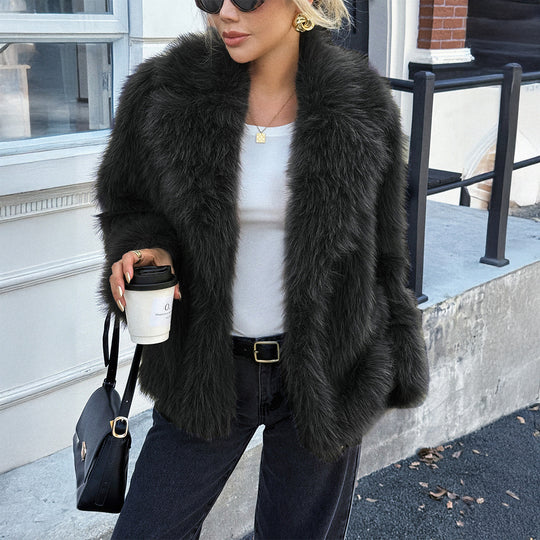 Damen nan kurzer Faux‑Fur Mantel mit voluminösem Schalkragen, Oversize‑Passform und weichen Textur Shop Nory