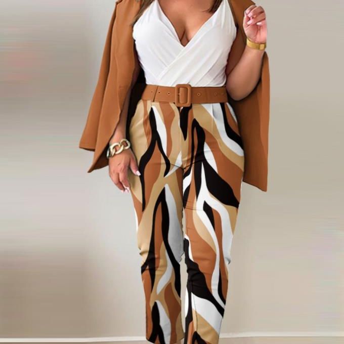 Damen Tailoring-Set mit Animal-Print-Revers, tailliertem Gürtelblazer und High‑Waist-Slimhose Shop Nory