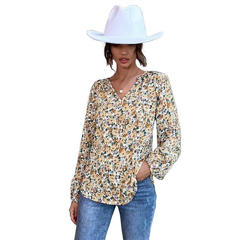 Damen Leichte V-Ausschnitt Blumenbluse mit Ballonärmeln Shop Nory